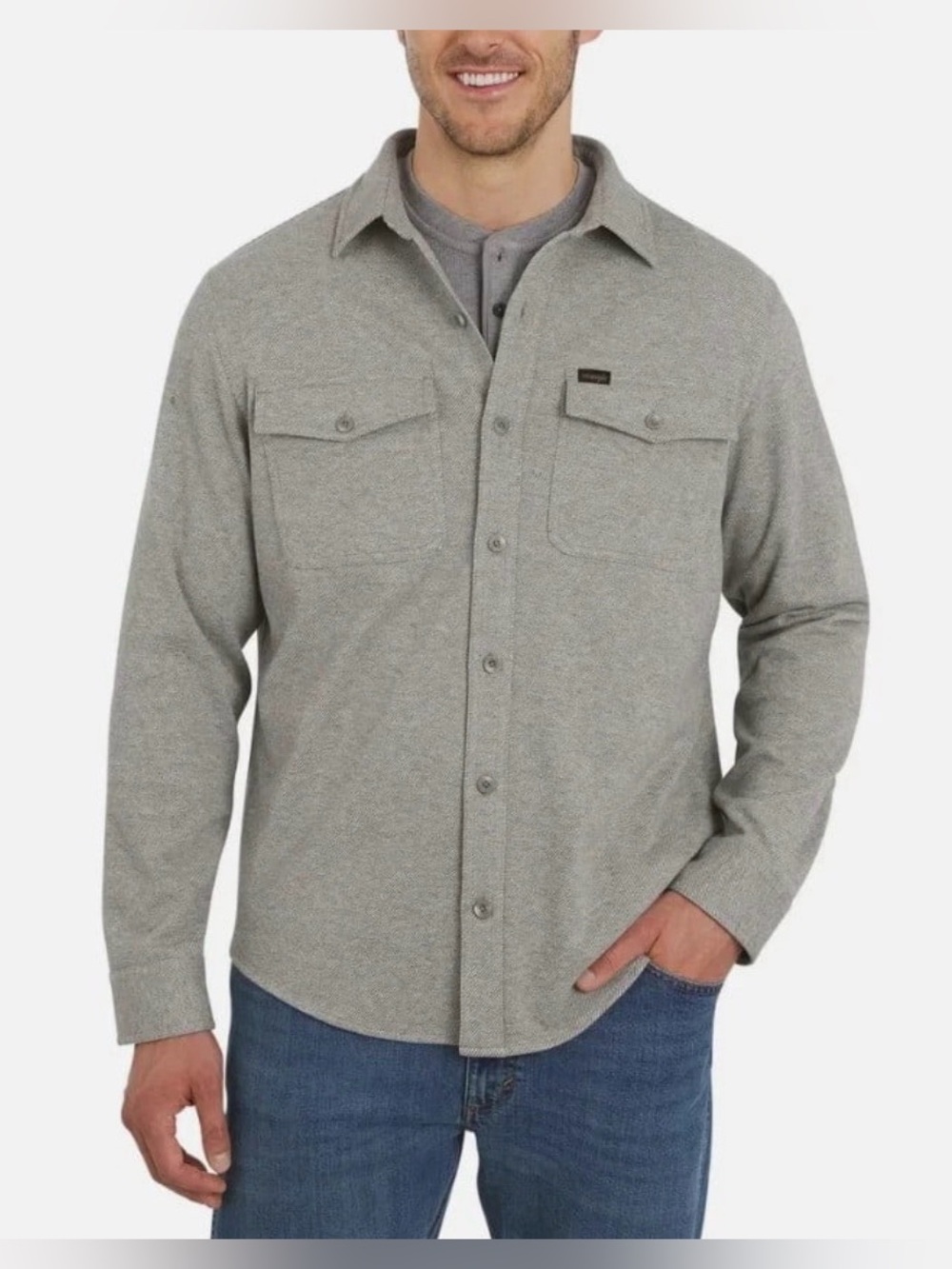 NWT Wrangler Men's Heather Grey Casual Button-Front Flannel Knit Shirt Jacket S